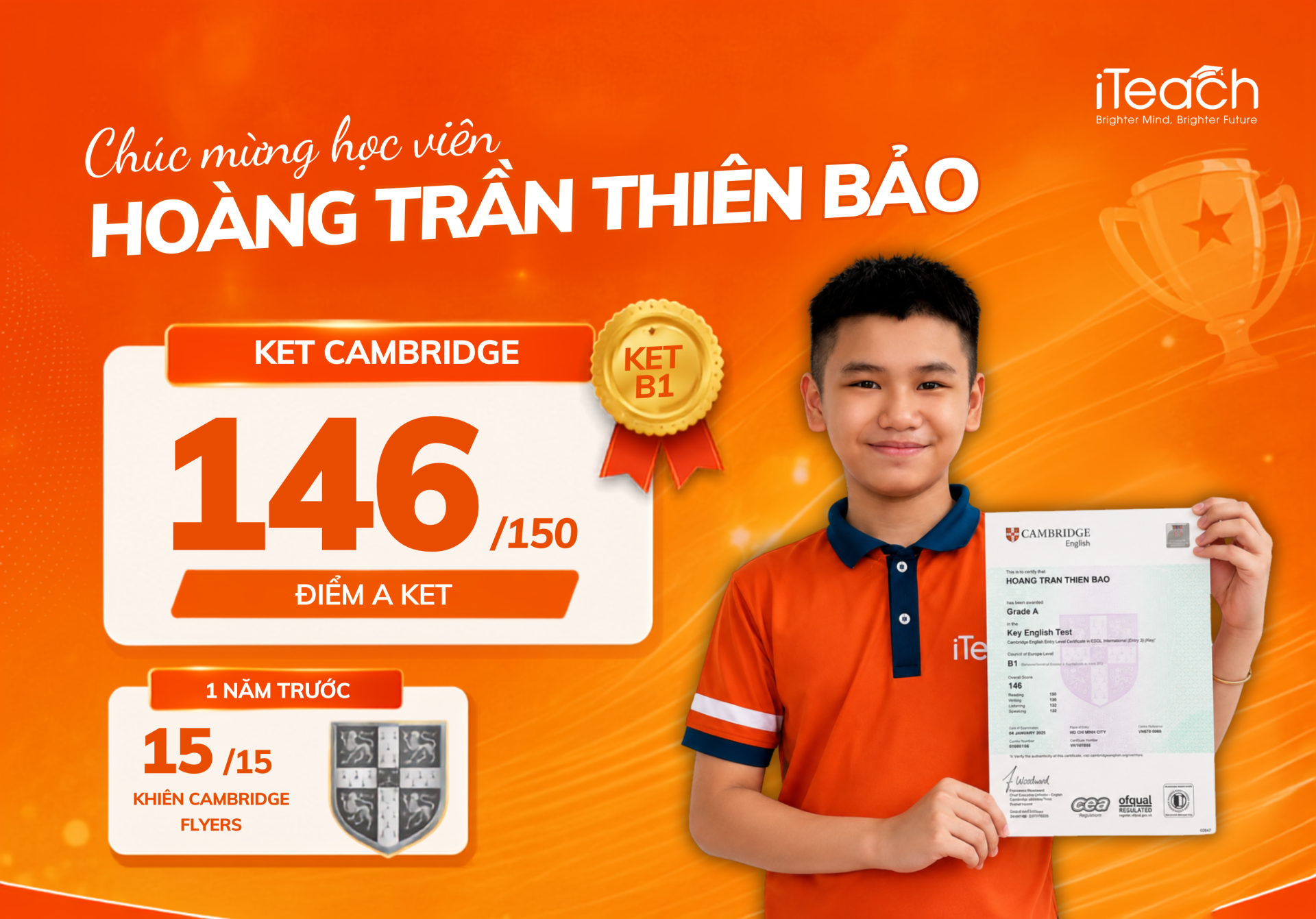 Thiên Bảo 11 tuổi đạt điểm A KET Cambridge trình độ B1
