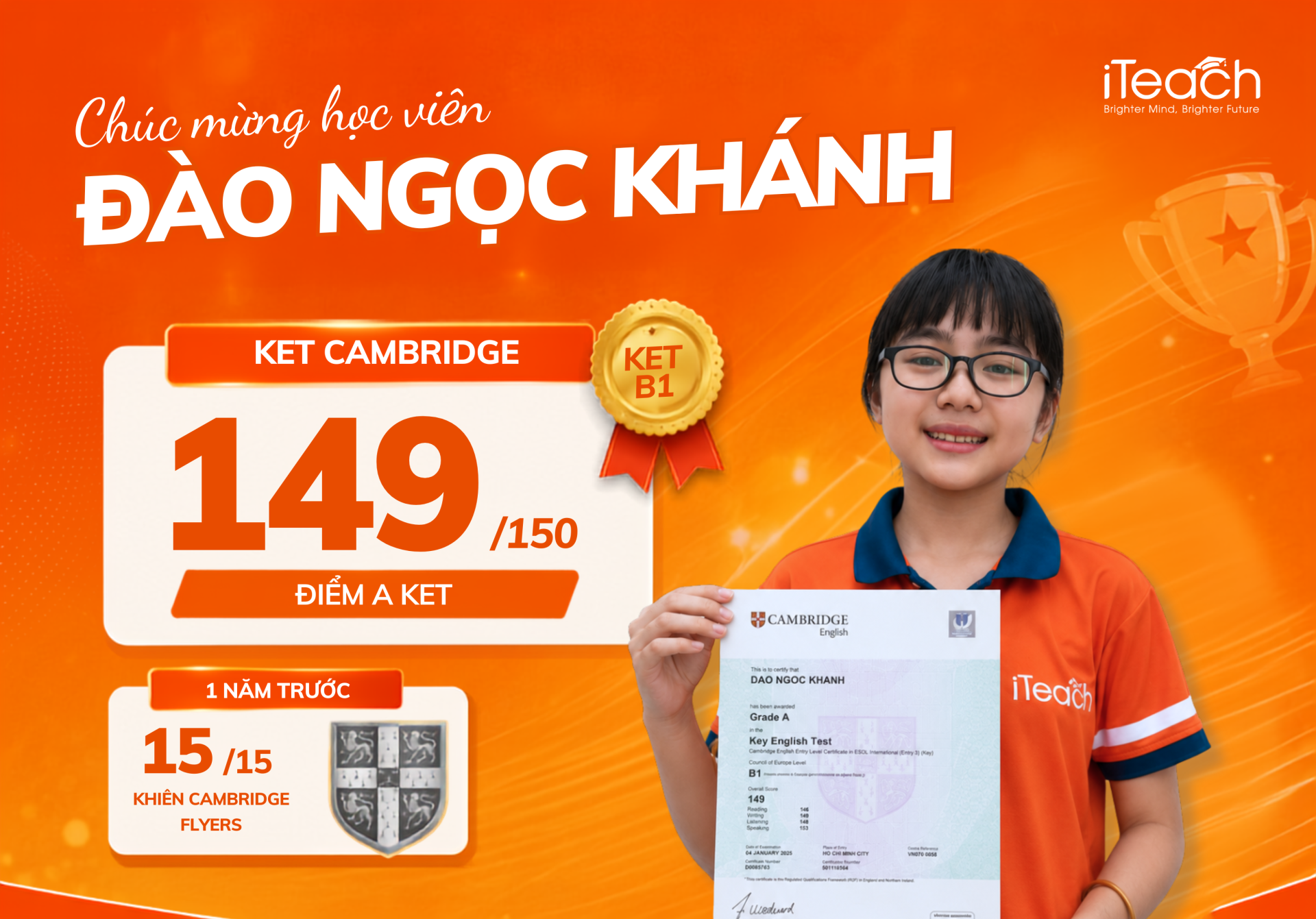 Ngọc Khánh 12 tuổi đạt 149/150 điểm KET Cambridge tại iTeach