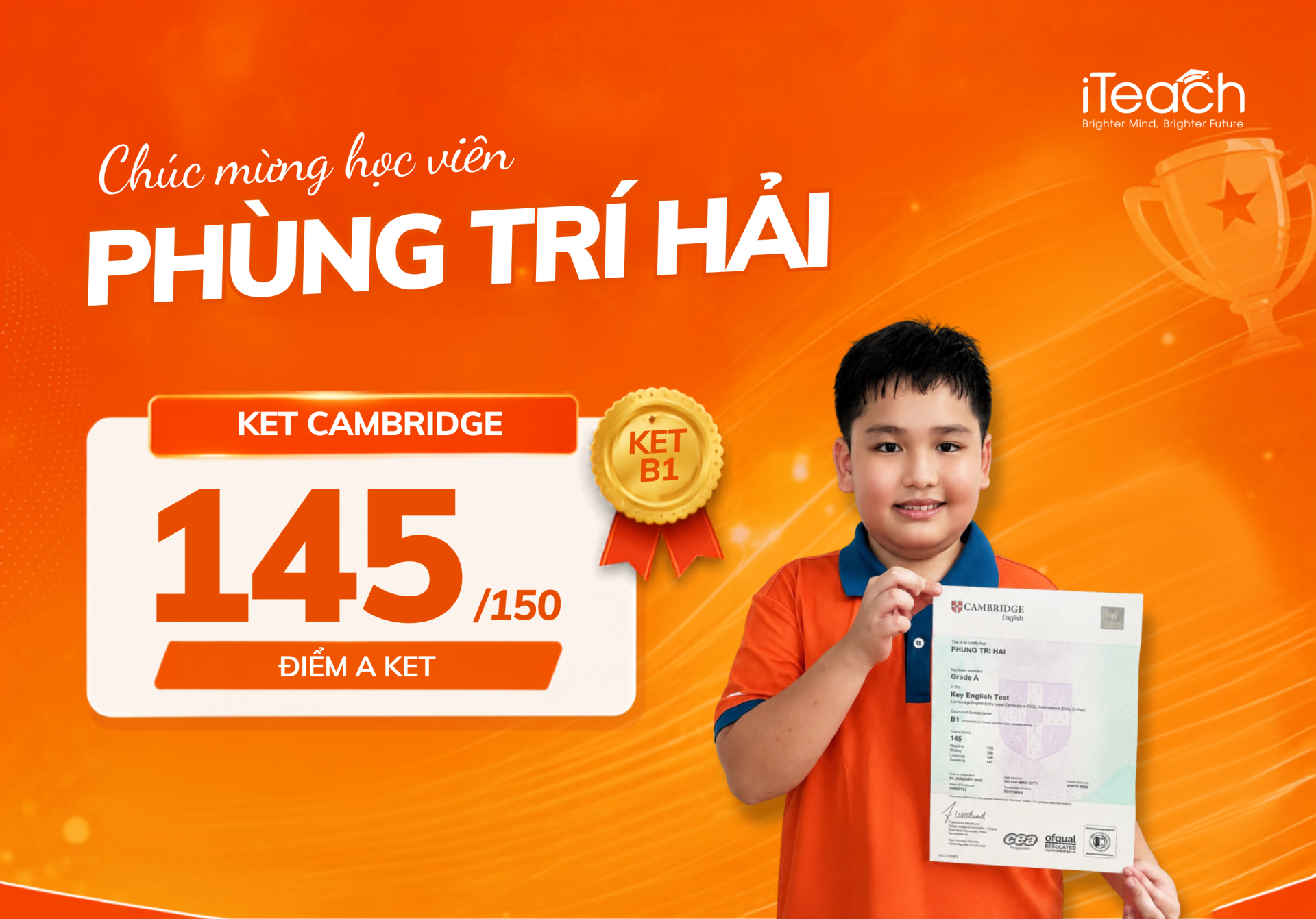 học viên Trí Hải đạt điểm A KET Cambridge và tự tin giao tiếp tiếng Anh