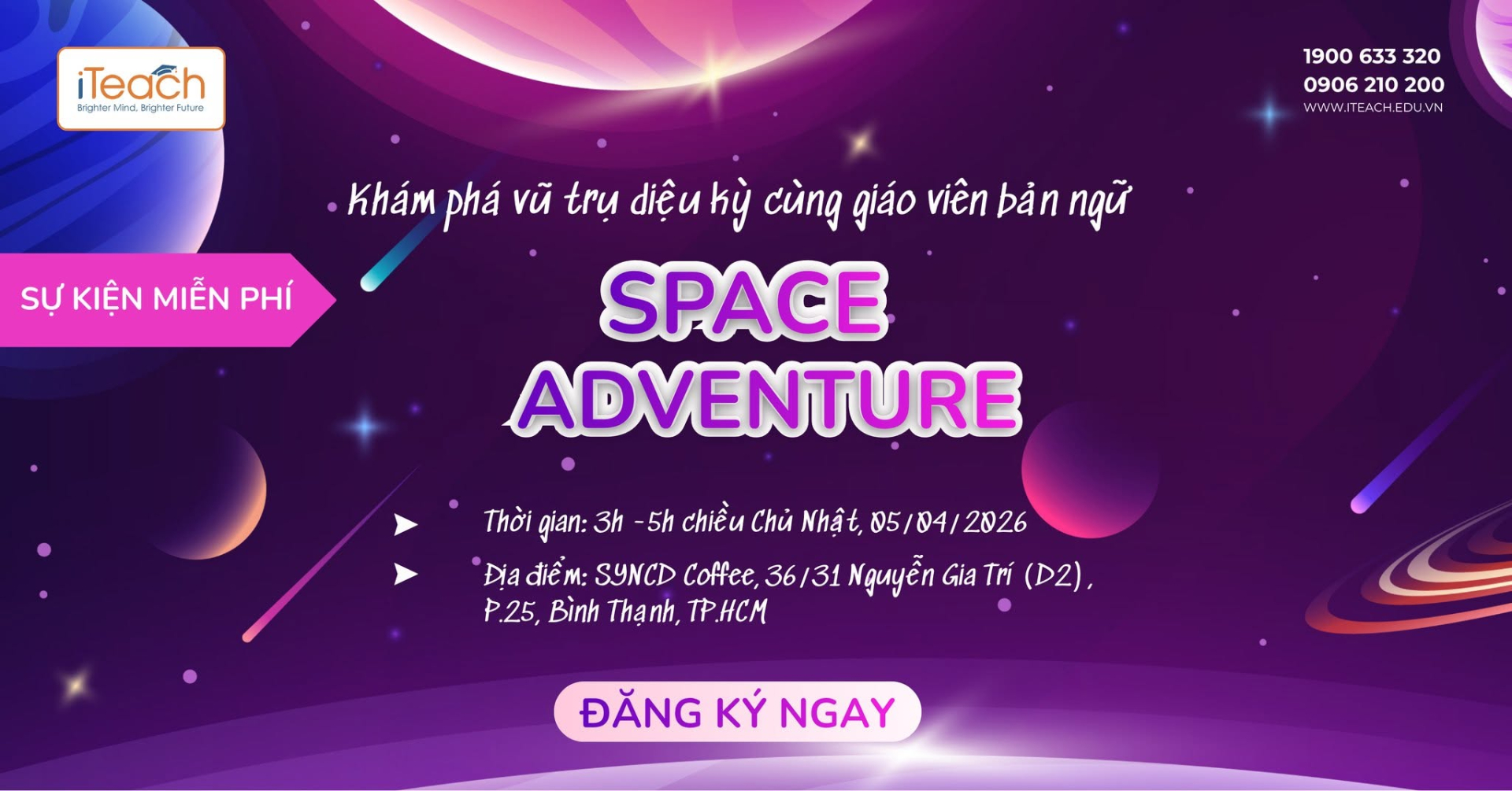 Workshop Space Adventure giúp trẻ khám phá vũ trụ bằng tiếng Anh qua trò chơi, thử thách và hoạt động cùng giáo viên bản ngữ tại TP.HCM.