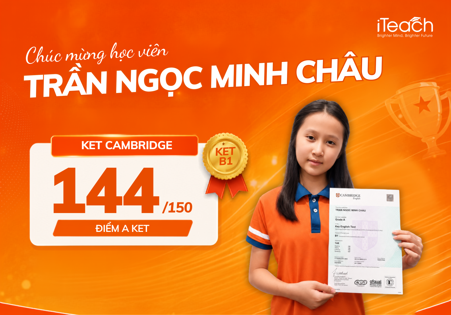Học viên Minh Châu đạt điểm A chứng chỉ KET Cambridge
